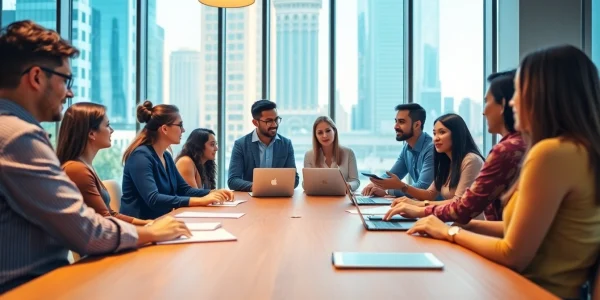 Team collaborating in small business jobs setting, showcasing diversity and teamwork.