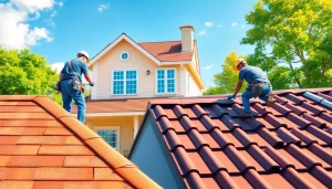 Showcasing high-quality roofing solutions with skilled roofers working on diverse roofing materials in a residential setting.