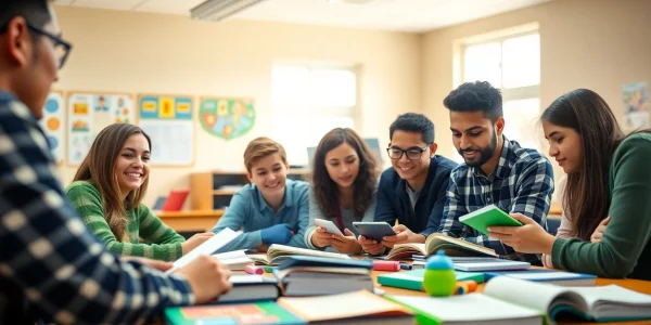 Students collaborating on an educational project in a vibrant classroom setting, emphasizing Education.