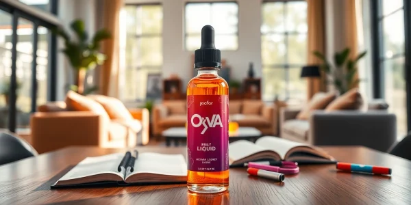 Oxva Liquid in a vibrant bottle on a stylish table, highlighting its unique characteristics.