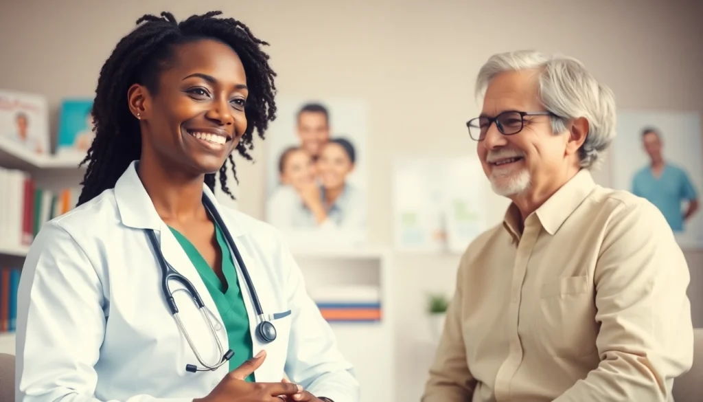 Engaging healthcare consultation emphasizing Health in a warm clinic setting with a compassionate physician.