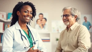 Engaging healthcare consultation emphasizing Health in a warm clinic setting with a compassionate physician.