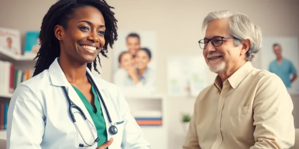 Engaging healthcare consultation emphasizing Health in a warm clinic setting with a compassionate physician.