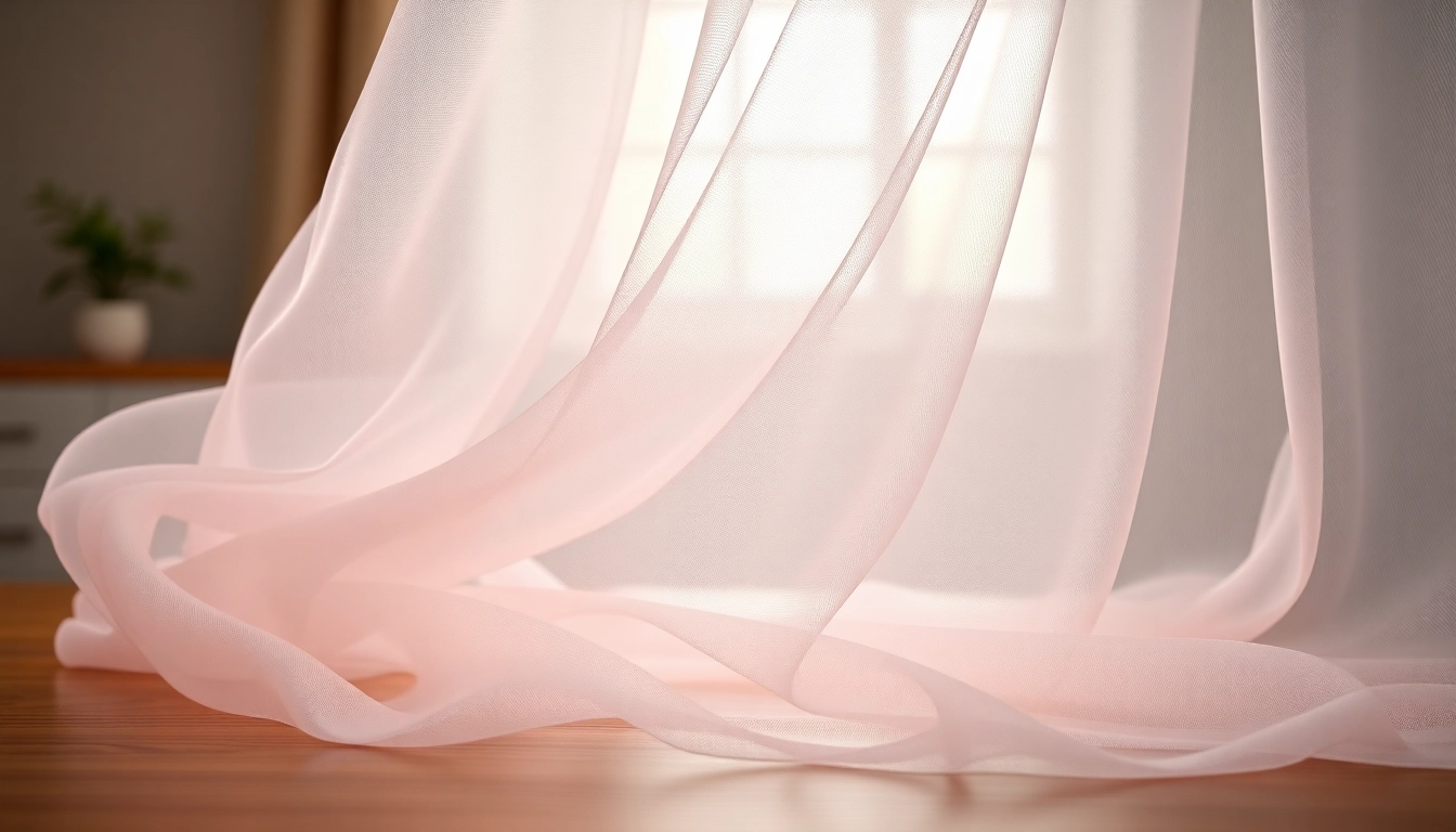 Detail van mousseline stof die schitterend op een houten tafel valt, met een luchtige uitstraling.