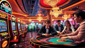 Experience the thrill of mm 88 in an upscale casino with vibrant slot machines and roulette action.