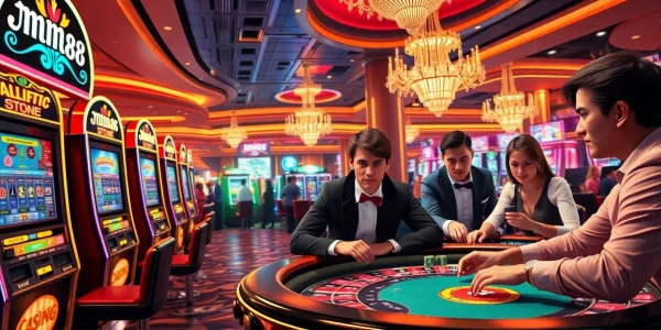Experience the thrill of mm 88 in an upscale casino with vibrant slot machines and roulette action.