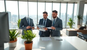 Real Estate agent assisting clients with listings in a bright, modern office environment.