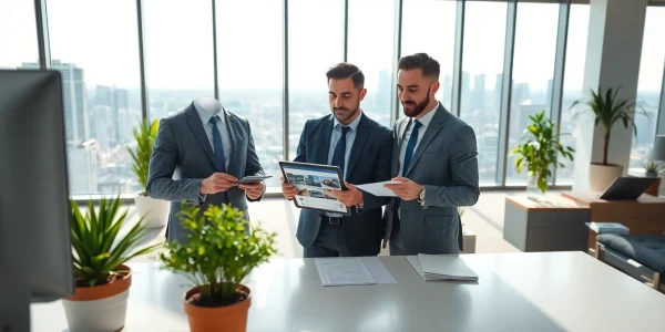 Real Estate agent assisting clients with listings in a bright, modern office environment.