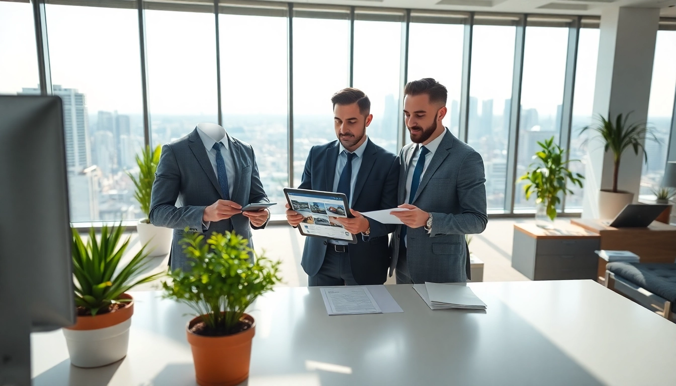 Real Estate agent assisting clients with listings in a bright, modern office environment.