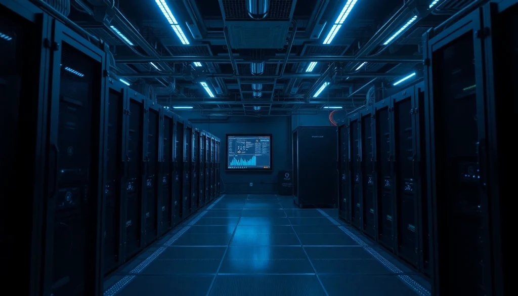 Bitcoin mining setup with ASIC miners and digital interfaces in a high-tech room.