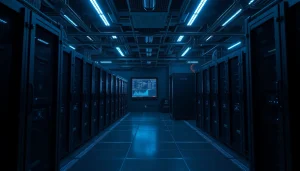 Bitcoin mining setup with ASIC miners and digital interfaces in a high-tech room.