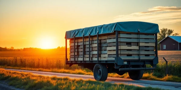 Transporte de colmenas en un camión, mostrando colmenas bien organizadas en un entorno rural.