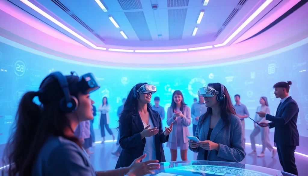 Engaging scene of diverse individuals interacting with AI companions in a modern virtual reality setting focused on ai sex.