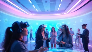 Engaging scene of diverse individuals interacting with AI companions in a modern virtual reality setting focused on ai sex.