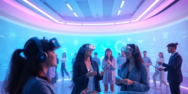 Engaging scene of diverse individuals interacting with AI companions in a modern virtual reality setting focused on ai sex.