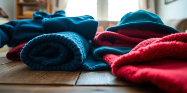 Fleece stoffen in een gezellige setting met warme kleuren en zachte texturen.