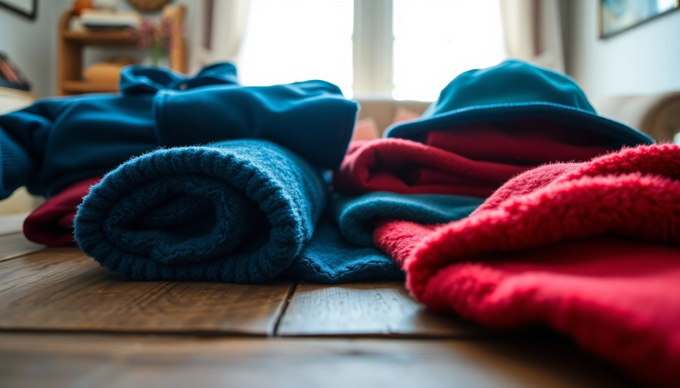 Fleece stoffen in een gezellige setting met warme kleuren en zachte texturen.