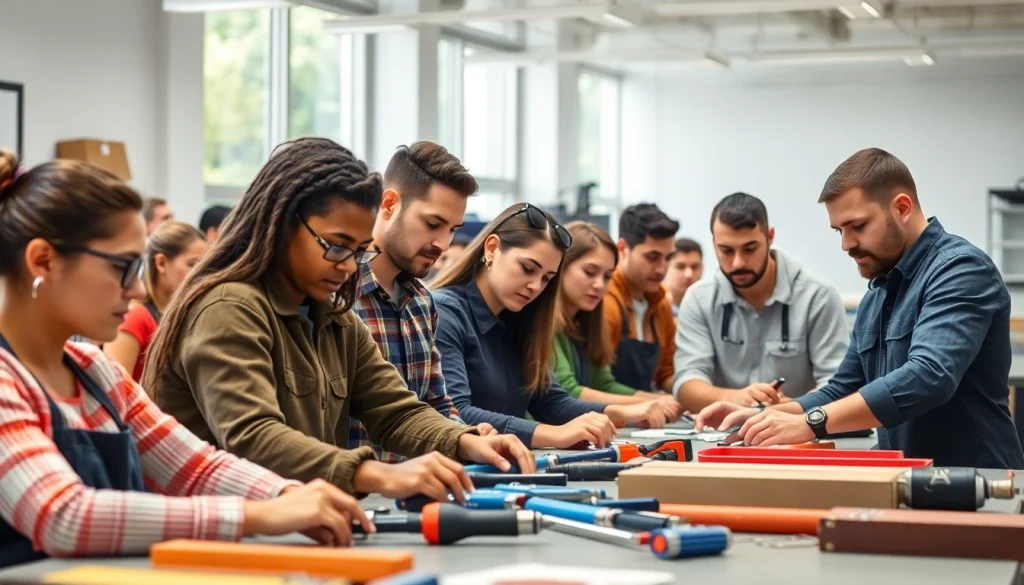 Students collaborating in a hands-on training session at an abc trade school, showcasing active learning.