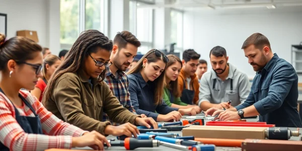 Students collaborating in a hands-on training session at an abc trade school, showcasing active learning.