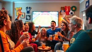 Cheering friends enjoying California sports betting while watching a game.