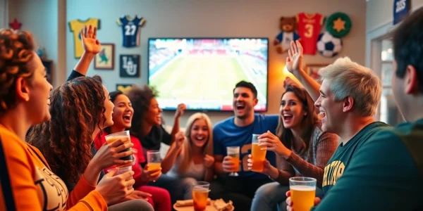 Cheering friends enjoying California sports betting while watching a game.