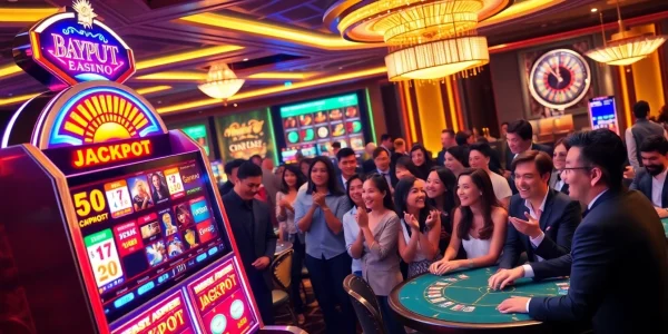 Engaging players enjoy a thrilling moment at a Slot Terpercaya amidst festive casino ambiance.