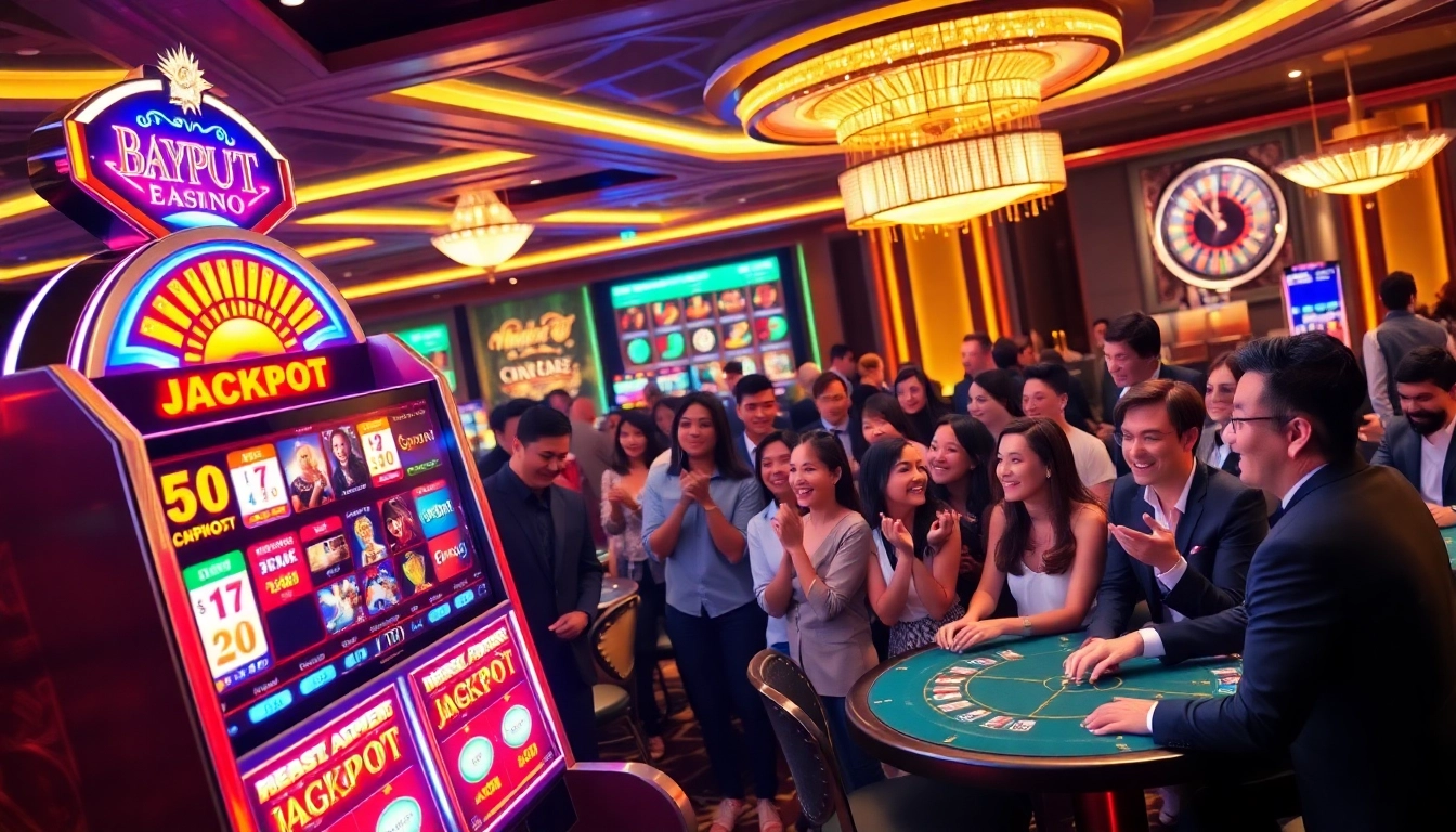 Engaging players enjoy a thrilling moment at a Slot Terpercaya amidst festive casino ambiance.