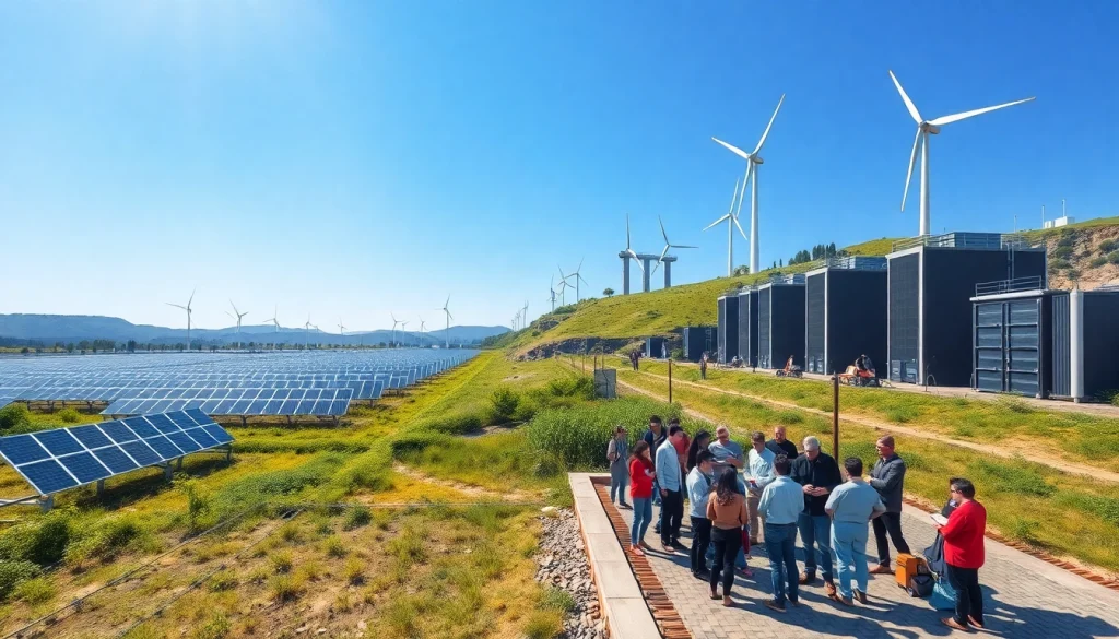 Free cloud mining farm with solar panels, wind turbines, and diverse people engaging with technology.