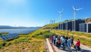 Free cloud mining farm with solar panels, wind turbines, and diverse people engaging with technology.