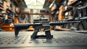 Showcase of an ar 10 trigger highlighting its ergonomic design and quality in a modern gun shop.