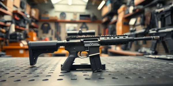 Showcase of an ar 10 trigger highlighting its ergonomic design and quality in a modern gun shop.