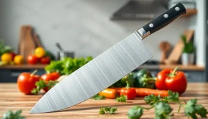 Chef’s knife NZ displayed among vibrant vegetables, showcasing its craftsmanship and utility.