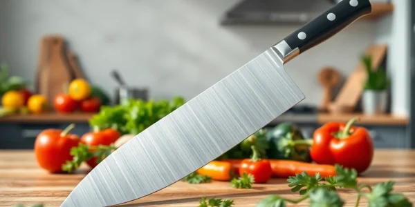 Chef’s knife NZ displayed among vibrant vegetables, showcasing its craftsmanship and utility.