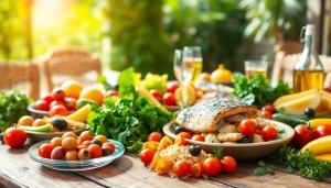 A colorful Mediterranean diet spread featuring fresh vegetables, fruits, and whole grains.