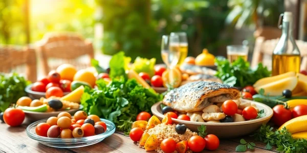 A colorful Mediterranean diet spread featuring fresh vegetables, fruits, and whole grains.