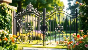 Showcase of custom steel gates with decorative features in a garden setting.