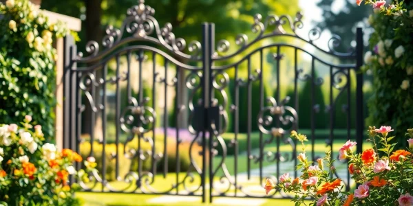 Showcase of custom steel gates with decorative features in a garden setting.