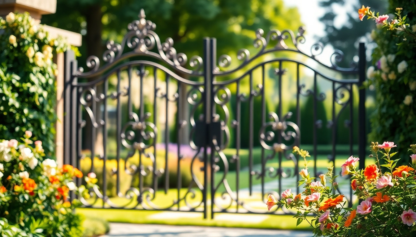 Showcase of custom steel gates with decorative features in a garden setting.