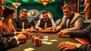 Experience high-stakes poker at https://ev88.claims/ with players betting at a luxurious casino table.