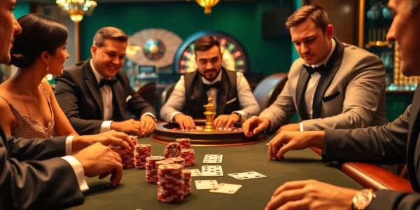 Experience high-stakes poker at https://ev88.claims/ with players betting at a luxurious casino table.