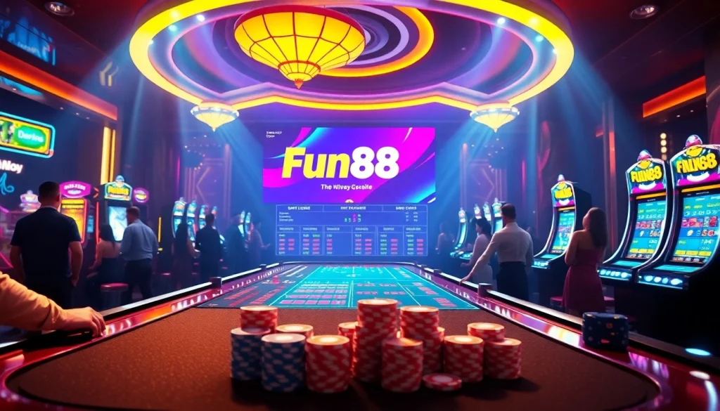 Experience the excitement of online gaming with the Fun88 link, featuring vibrant casino tables and digital displays.