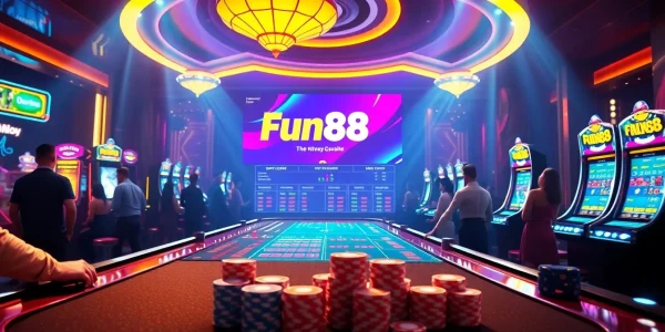 Experience the excitement of online gaming with the Fun88 link, featuring vibrant casino tables and digital displays.