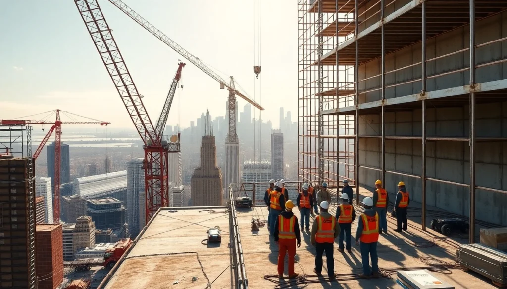 Manhattan General Contractor team working on a construction site with the Manhattan skyline backdrop.