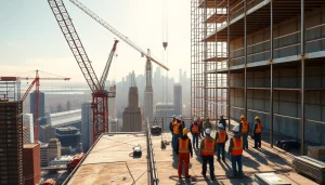 Manhattan General Contractor team working on a construction site with the Manhattan skyline backdrop.