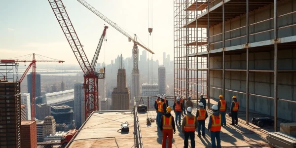 Manhattan General Contractor team working on a construction site with the Manhattan skyline backdrop.
