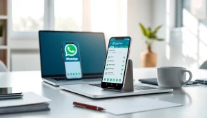 Engaging workspace showcasing WhatsApp Smart CRM on devices, promoting effective business communication.