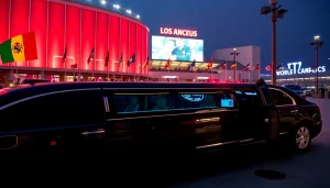 World Cup Group Transportation with luxury limousine outside stadium in Los Angeles.