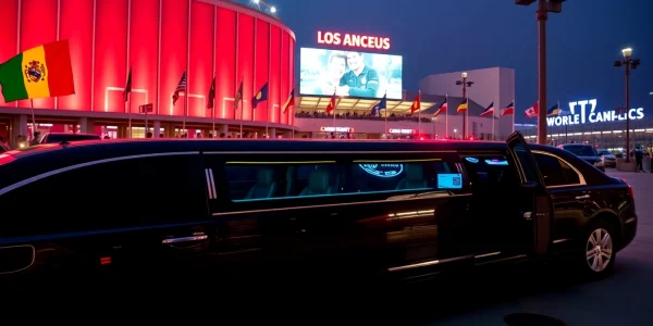 World Cup Group Transportation with luxury limousine outside stadium in Los Angeles.