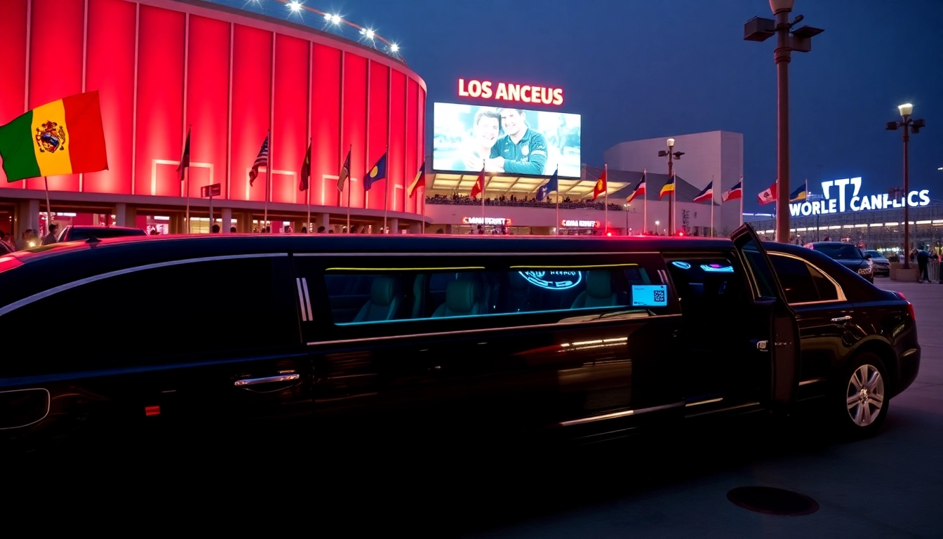 World Cup Group Transportation with luxury limousine outside stadium in Los Angeles.