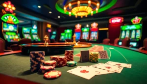 Experience the excitement of link 188bet with vibrant casino tables, cards, and chips in a luxury setting.